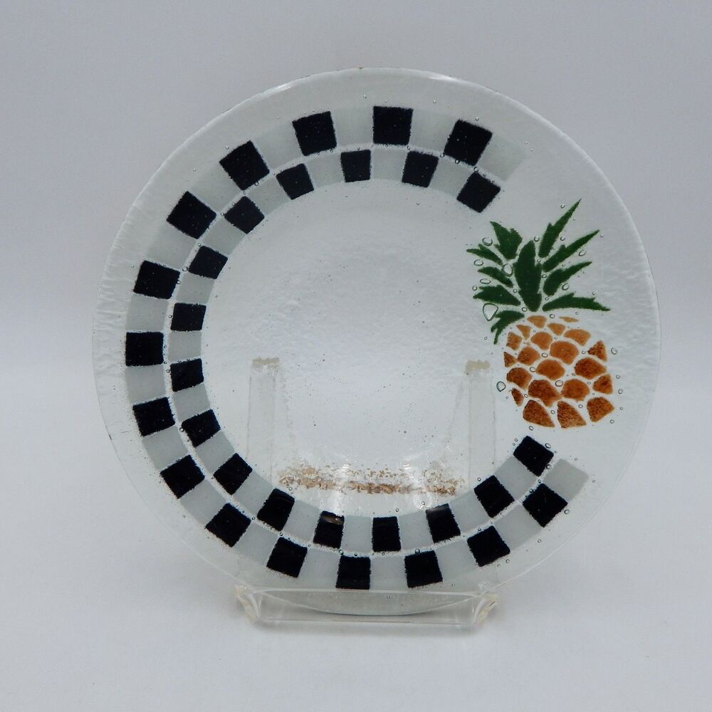 Peggy Karr Fused Glass Checkerboard Pineapple Bowl Plate Dish 8 Inch Signed